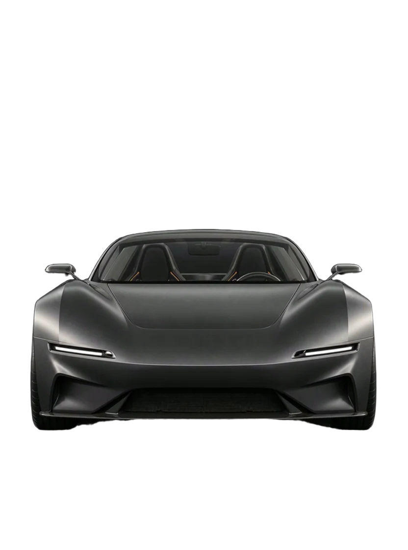 A low, matte graphite two-seat electric sports car faces directly forward, its wide stance and sculpted body catching a single strong band of light along the hood.